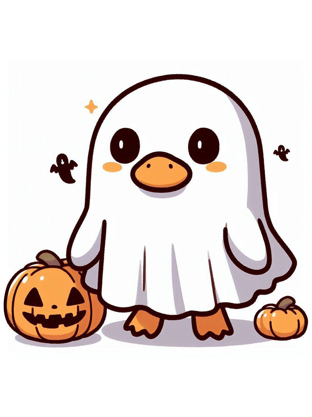halloween cute animals drawings of a duck dressed as a ghost alongside pumpkins and tiny bats.